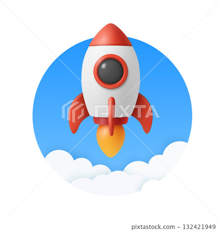 Vector 3d Rocket Launch Icon. Rocket Startup Badge in Blue Circle. Rocket Ship with Flame and Clouds for Startup, Product Launch, Space, Mission, Web and Mobile Design 132421949
