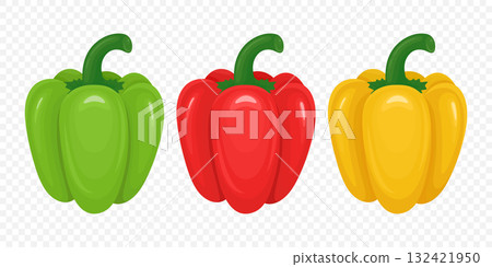 Flat Cartoon Vector Bell Peppers Set. Red, Yellow, Green Sweet Peppers Illustration. Fresh Vegetables for Food Market, Healthy Cooking, Vegetarian Recipe Design, Farm Organic Product Icon Flat Cartoon Vector Bell Peppers Set. Red, Yellow, Green Sweet Peppers Illustration. Fresh Vegetables for Food Market, Healthy Cooking, Vegetarian Recipe Design, Farm Organic Product Icon 132421950