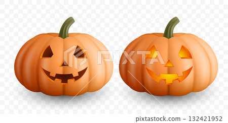 Vector 3d Realistic Halloween Pumpkins with Carved Faces, Isolated. Two Jack O Lanterns Glowing in Orange Light. Funny Scary Pumpkins for Halloween Night, Autumn Holiday Decoration, Festive Design Vector 3d Realistic Halloween Pumpkins with Carved Faces, Isolated. Two Jack O Lanterns Glowing in Orange Light. Funny Scary Pumpkins for Halloween Night, Autumn Holiday Decoration, Festive Design 132421952