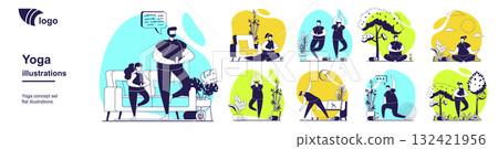 Yoga training concept set for web design. Collection with people doing yoga asanas, meditating in lotus posture, practicing with children at home, wellness and healthy lifestyle. Vector illustration. Yoga training concept set for web design. Collection with people doing yoga asanas, meditating in lotus posture, practicing with children at home, wellness and healthy lifestyle. Vector illustration. 132421956