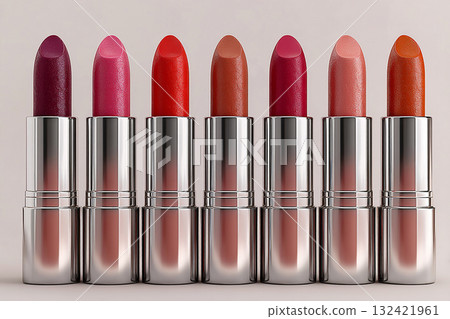 Beauty products. Glossy lipstick tubes in various shades arranged in a gradient on white background. Makeup mockup. 132421961