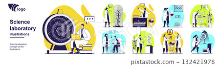 Science laboratory concept set for web design. Collection with people making scientific research and tests, work with microscope and equipment, scientists doing discovery in lab. Vector illustration. 132421978