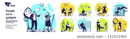 People sit in gadgets concept set for web design. Collection of scenes with users taking selfie and photos, recording videos, browsing and chatting, spending time in smartphones. Vector illustration. 132421985