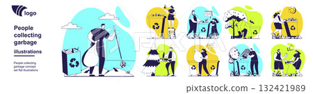 People collecting garbage concept set for web design. Collection of scenes with volunteers picking waste, sorting trash into separate bins for recycling, protecting ecology. Vector illustration. People collecting garbage concept set for web design. Collection of scenes with volunteers picking waste, sorting trash into separate bins for recycling, protecting ecology. Vector illustration. 132421989