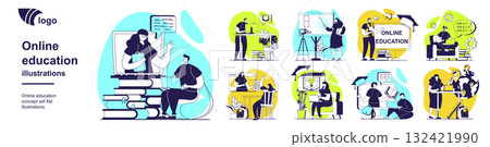 Online education concept set for web design. Collection with people learning at video lessons, watching virtual seminars, trainings at webinars, gain cognitions at e-learning. Vector illustration. 132421990
