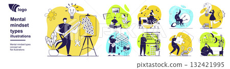 Mental mindset types concept set for web design. Collection with people with creative, logical, abstract, imaginative and other thinking solving problems, inner emotional process. Vector illustration. Mental mindset types concept set for web design. Collection with people with creative, logical, abstract, imaginative and other thinking solving problems, inner emotional process. Vector illustration. 132421995