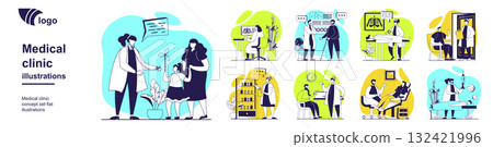 Medical clinic concept set for web design. Collection with people visits pediatrician and other doctors, consultations with x-ray, diagnostics and treatment, get vaccination. Vector illustration. 132421996