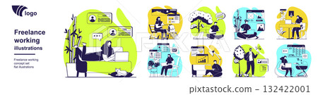 Freelance working concept set for web design. Collection with people doing tasks online in home, park bench, cafe table and other locations, mother with newborn works distantly. Vector illustration. Freelance working concept set for web design. Collection with people doing tasks online in home, park bench, cafe table and other locations, mother with newborn works distantly. Vector illustration. 132422001