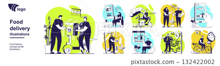 Food delivery concept set for web design. Collection with people getting parcel boxes from currier, making online orders in restaurants and shops, tracking transportation at app. Vector illustration. Food delivery concept set for web design. Collection with people getting parcel boxes from currier, making online orders in restaurants and shops, tracking transportation at app. Vector illustration. 132422002