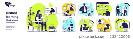 Distant learning concept set for web design. Collection with people studying online from laptops, students watching webinars and video lessons, training at virtual courses. Vector illustration. 132422006