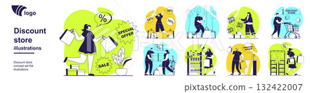 Discount store concept set for web design. Collection with people with bags making bargain purchases, clients buying with special prices at sales in stores and supermarkets. Vector illustration. Discount store concept set for web design. Collection with people with bags making bargain purchases, clients buying with special prices at sales in stores and supermarkets. Vector illustration. 132422007