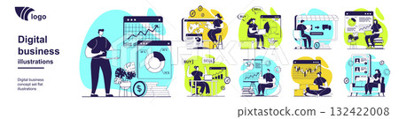 Digital business concept set for web design. Collection with people analyze financial data on chart, working in online store and selling products, customers buying with delivery. Vector illustration. 132422008