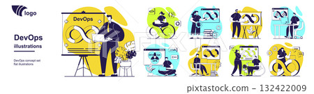 DevOps concept set for web design. Collection with people working with coding and management, using job integration practice, teamwork workflow with agile cycles in project. Vector illustration. 132422009