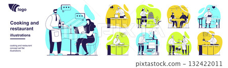 Cooking and restaurant concept set for web design. Collection with people working in kitchen, chefs cook dishes, waiters serving food to customers, visitors sitting table in cafe. Vector illustration. Cooking and restaurant concept set for web design. Collection with people working in kitchen, chefs cook dishes, waiters serving food to customers, visitors sitting table in cafe. Vector illustration. 132422011
