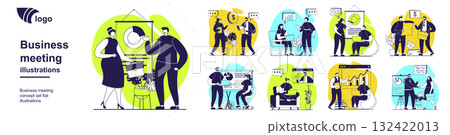 Business meeting concept set for web design. Collection with people discussing financial report with graph, making contracts, brainstorming in team, managing teamwork at office. Vector illustration. Business meeting concept set for web design. Collection with people discussing financial report with graph, making contracts, brainstorming in team, managing teamwork at office. Vector illustration. 132422013