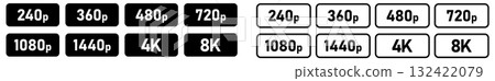 Set of simple video or movie resolution icons, number in rounded rectangle, black and white version 132422079