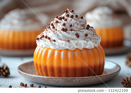 Golden romantic dessert. Pumpkin dessert in orange tones on a plate with soft lighting. Preparing for Halloween. Autumn atmosphere. 132422109