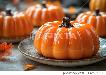 Healthy dessert. Pumpkin dessert in orange tones on a plate with soft lighting. Preparing for Halloween. Autumn atmosphere. 132422110