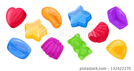 Cartoon fruit jelly candies. Colorful gummy, delicious chewy sweets with various flavors flat vector illustration set. Jelly sweets collection on white Cartoon fruit jelly candies. Colorful gummy, delicious chewy sweets with various flavors flat vector illustration set. Jelly sweets collection on white 132422170