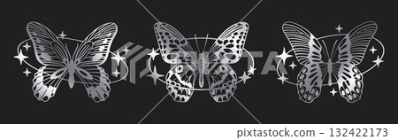 Cartoon silver y2k butterfly. Abstract silver y2k aesthetic flying insect, shiny foil butterfly silhouettes flat vector illustration set. Butterflies decor collection 132422173