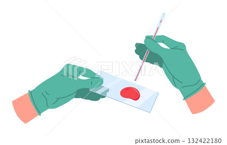 Hands holding laboratory glass with blood sample. Lab blood test, medical worker hands in rubber gloves flat vector illustration set. Laboratory assistant holding medical tools Hands holding laboratory glass with blood sample. Lab blood test, medical worker hands in rubber gloves flat vector illustration set. Laboratory assistant holding medical tools 132422180
