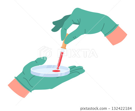 Lab blood test. Hands holding petri dish with blood sample, lab worker hands in rubber gloves flat vector illustration. Laboratory assistant holding medical tools Lab blood test. Hands holding petri dish with blood sample, lab worker hands in rubber gloves flat vector illustration. Laboratory assistant holding medical tools 132422184