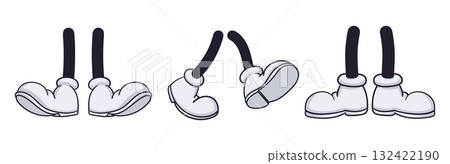 Retro comic book character feet. Comic mascot body part, cartoon legs in boots flat vector illustration set. Comic feet pairs on white 132422190