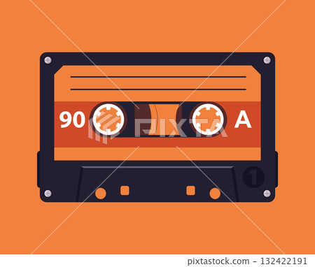 Retro music cassette background. Vintage audio tape backdrop, pop music album tape design flat vector illustration. Cartoon old school music audio tape poster 132422191