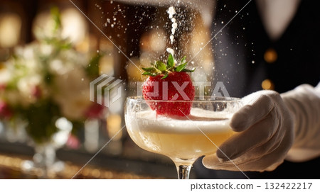 Strawberry cocktail with powdered sugar dusting in coupe glass. 132422217
