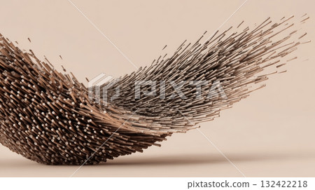 Wood stick sculpture, abstract art, dynamic curved arrangement, natural minimalist style. 132422218