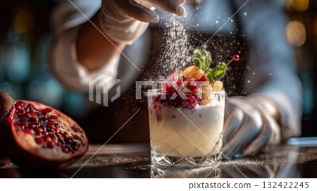 Pomegranate cocktail glass with cream garnish, bartender dusting powdered sugar, closeup. 132422245