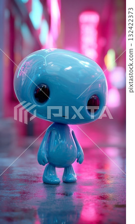 Blue alien toy figure, glossy style, standing on neon-lit city street at night. 132422373