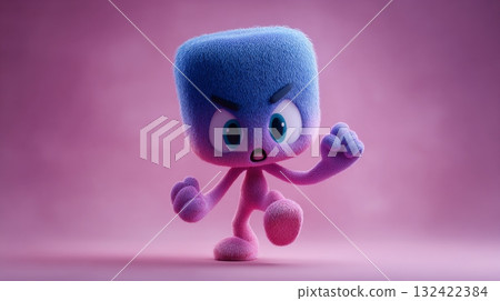Furry blue cartoon character 3D render dynamic pose on pink background. 132422384