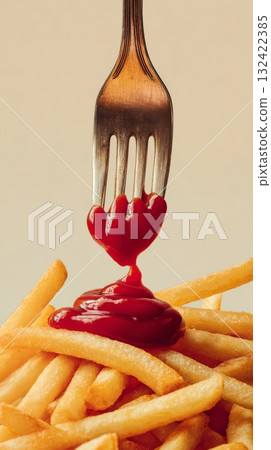 French fries with ketchup dripping from fork, food photography still life. French fries with ketchup dripping from fork, food photography still life. 132422385