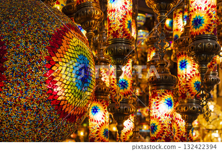 Traditional handmade turkish lamps displayed for sale in the Grand Bazaar market 132422394