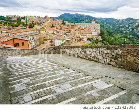 Skyline of Perugia from the Scalette delle Prome, central Italy 132422398