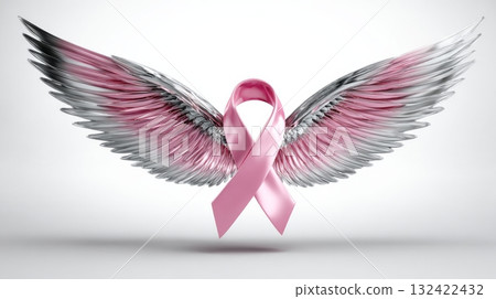 Pink ribbon with metallic angel wings, 3D render, breast cancer awareness concept. 132422432