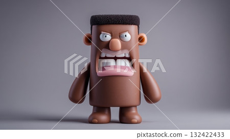 Angry cartoon character toy, 3D render, exaggerated facial expression, isolated on gray background. 132422433