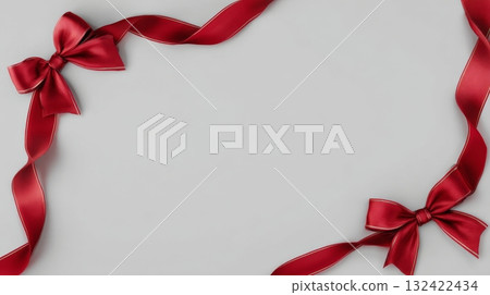 Red ribbon bows elegant satin bows and ribbon border on light background. 132422434