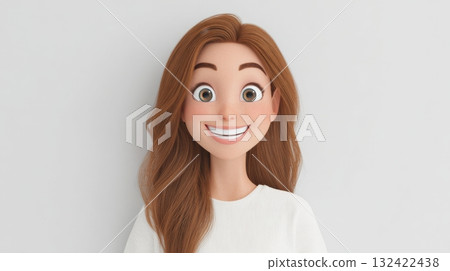 Woman character with brown hair, 3D rendered cartoon portrait, cheerful expression on white background. 132422438