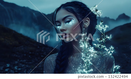 High-end editorial fantasy portrait: close-up of a woman with long braids, luminous white orchids woven into hair, cool teal and cyan rim light, shimmering silver eyeshadow, glossy wetlook skin, ornat 132422494