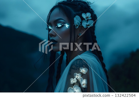 High-end editorial fantasy portrait: close-up of a woman with long braids, luminous white orchids woven into hair, cool teal and cyan rim light, shimmering silver eyeshadow, glossy wetlook skin, ornat 132422504