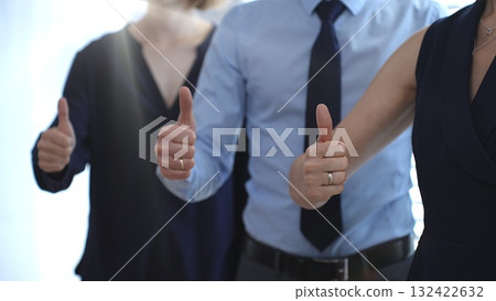 Business people team showing thumbs up gestures in a row, expressing approval, agreement, success, and full support for a project or strategy in a corporate office setting with sun flair Business people team showing thumbs up gestures in a row, expressing approval, agreement, success, and full support for a project or strategy in a corporate office setting with sun flair 132422632
