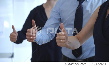 Business team showing thumbs up gestures in a row, expressing approval, agreement, success, and full support for a project or strategy in a corporate office setting Business team showing thumbs up gestures in a row, expressing approval, agreement, success, and full support for a project or strategy in a corporate office setting 132422651
