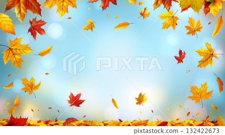 Fall season banner, invitation or greeting card with colofrul autumn maple leaves over blue sky backdrop 132422673