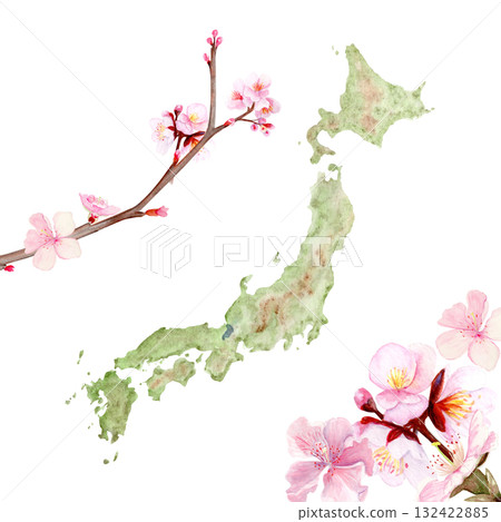 Map of Japan decorated with delicate cherry blossom branch. Hand-painted watercolor clip art isolated on white. Perfect for travel, culture, spring design, decor, or educational geography projects Map of Japan decorated with delicate cherry blossom branch. Hand-painted watercolor clip art isolated on white. Perfect for travel, culture, spring design, decor, or educational geography projects 132422885