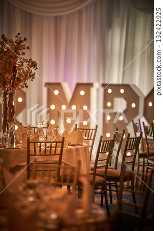 amazing luxury decorated place for wedding reception, catering in restaurant 132422925