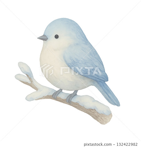 一隻藍色的小鳥棲息在雪枝上的插圖。可愛的冬季鳥類角色素材(剪切,透明背景) 一隻藍色的小鳥棲息在雪枝上的插圖。可愛的冬季鳥類角色素材(剪切,透明背景) 132422982