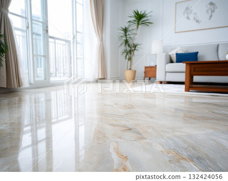 Bright living room, floor texture and houseplants, simple and modern space 132424056