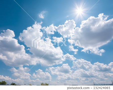 Beautiful landscape photo of blue sky, white clouds and shining sun 132424065